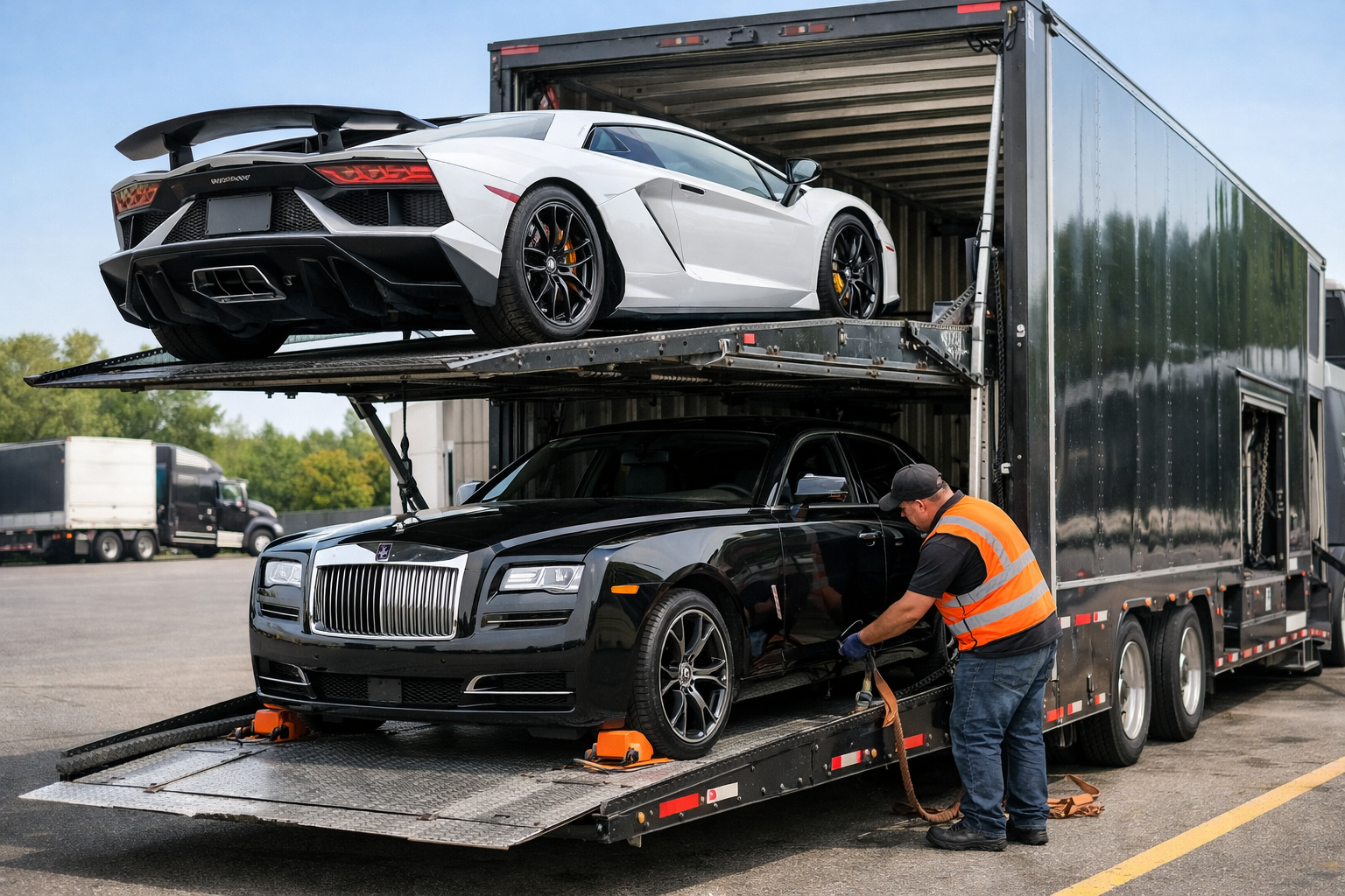 Exotic sports car being loaded onto enclosed auto transport carrier